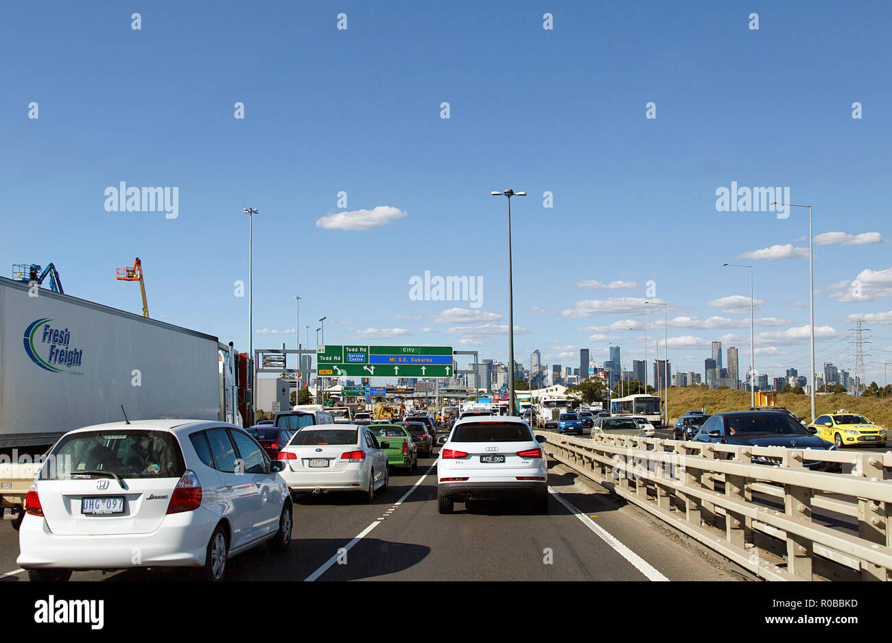 Melbourne, Australia: March 23, 2018: Traffic on the west Gate Freeway on the M1 into Melbourne. Stock Photo