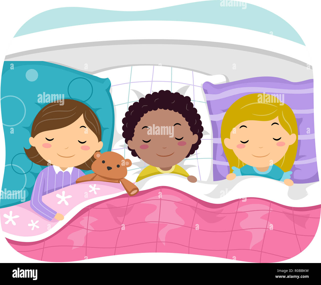 Illustration of Kid Girls Friends Sleeping in the Same Bed Stock Photo