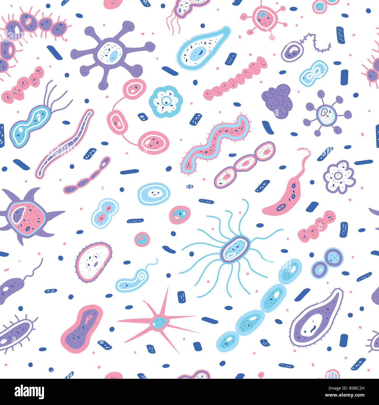 Bacterias cells seamless pattern. Microorganism collection. Vector doodle style composition. Stock Vector