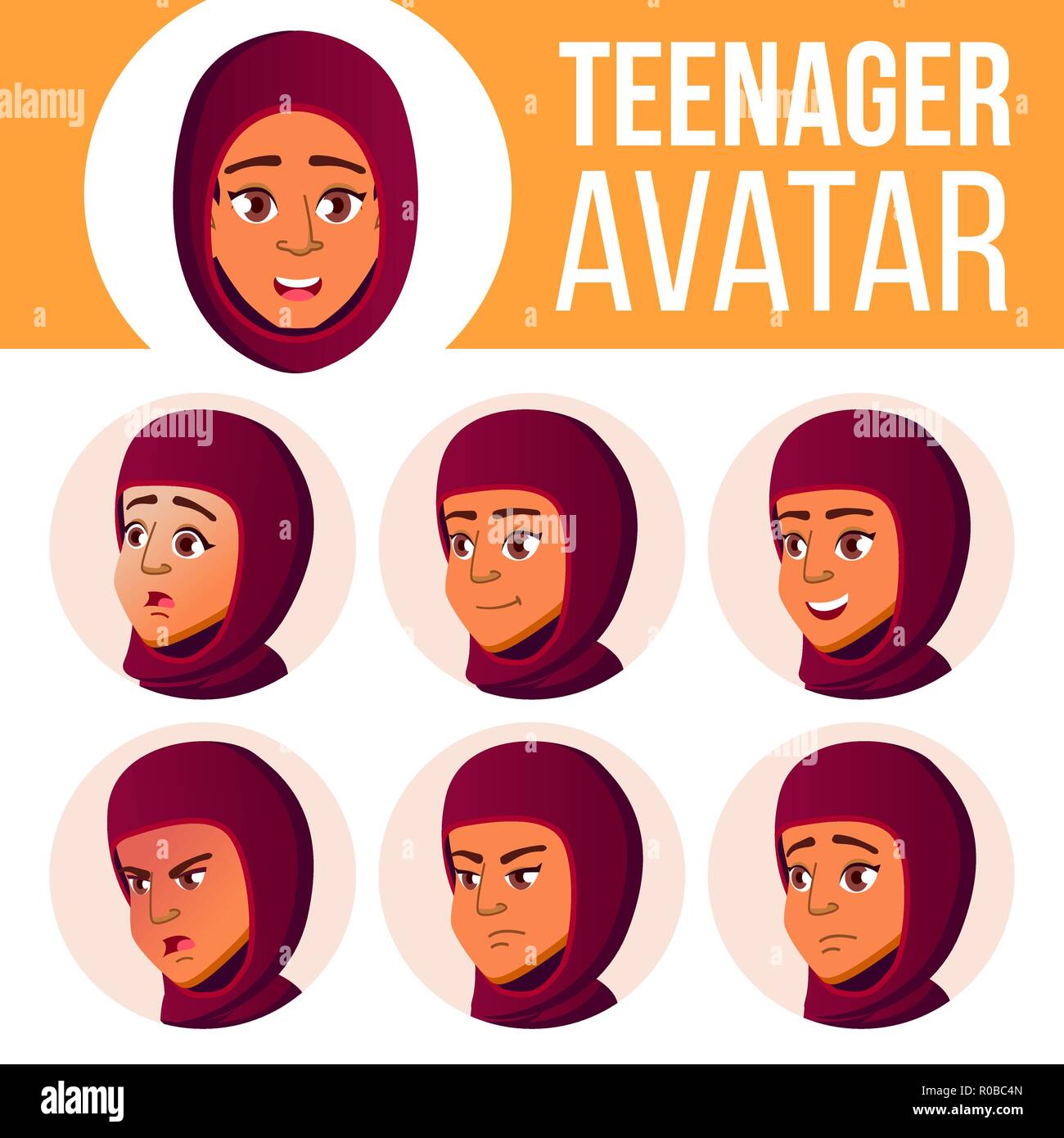 Teen Girl Avatar Set Vector. Arab, Muslim. Face Emotions. Flat, Portrait.  Cute, Comic, Web. Cartoon Head Illustration Stock Vector Image & Art - Alamy