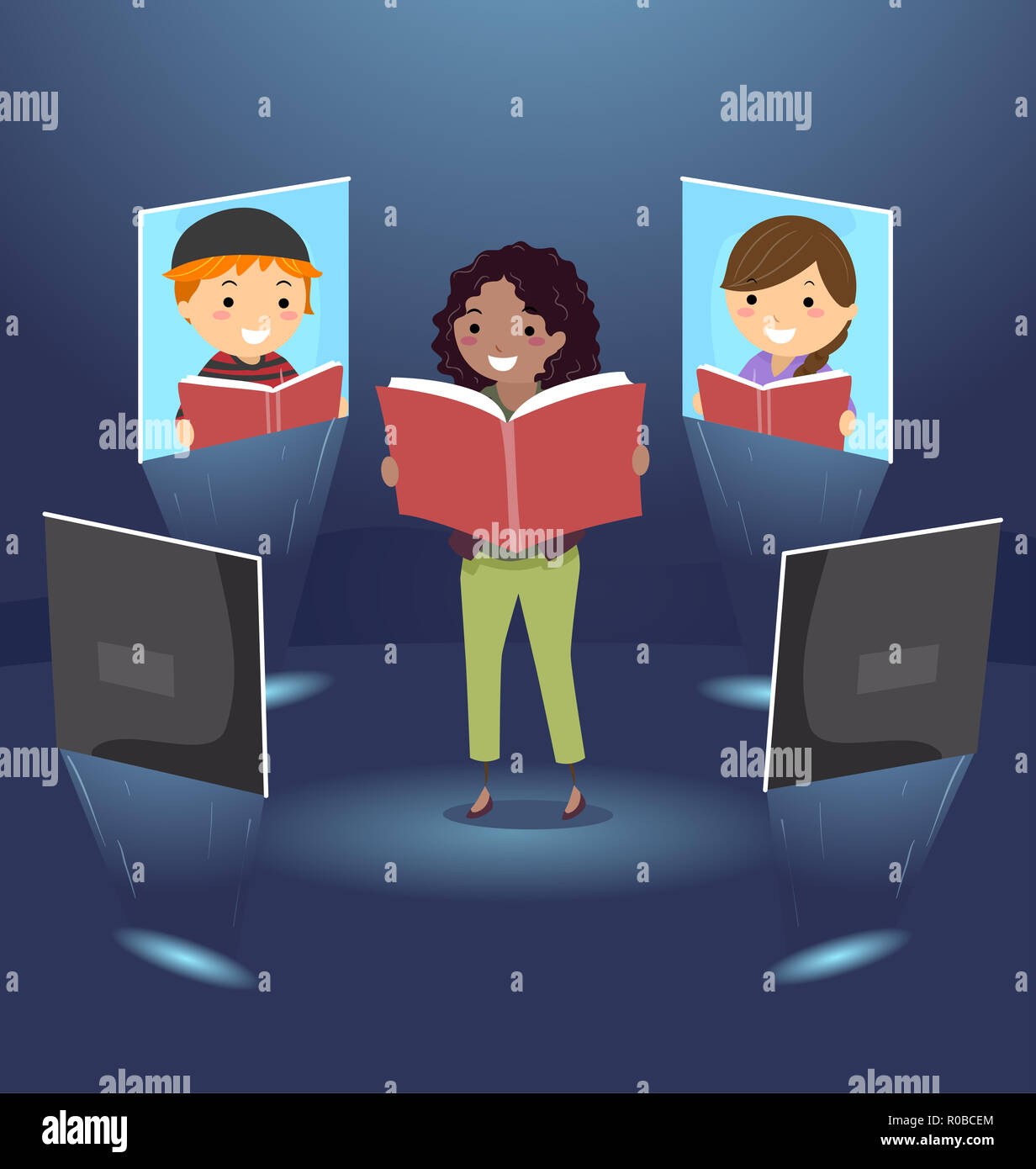 Illustration of Stickman Teacher Teaching Kids Virtually. Online Teaching Concept Stock Photo