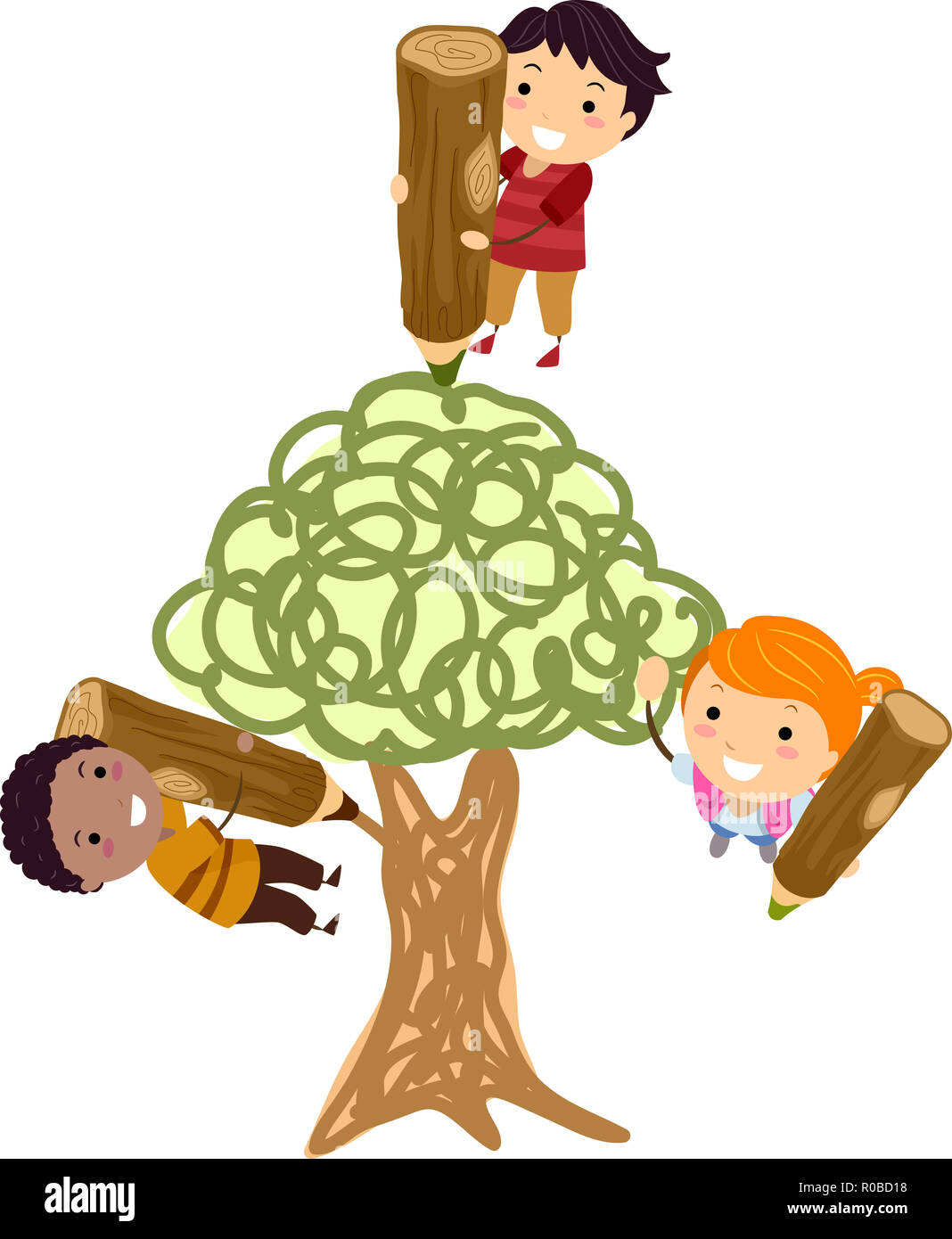 Illustration of Stickman Kids Holding Wooden Pencil and Drawing a Tree Stock Photo