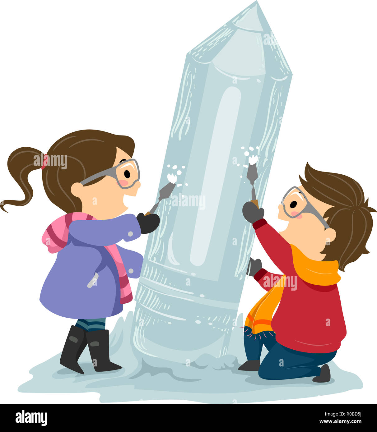 Illustration of Stickman Kids Wearing Winter Clothes and Carving a