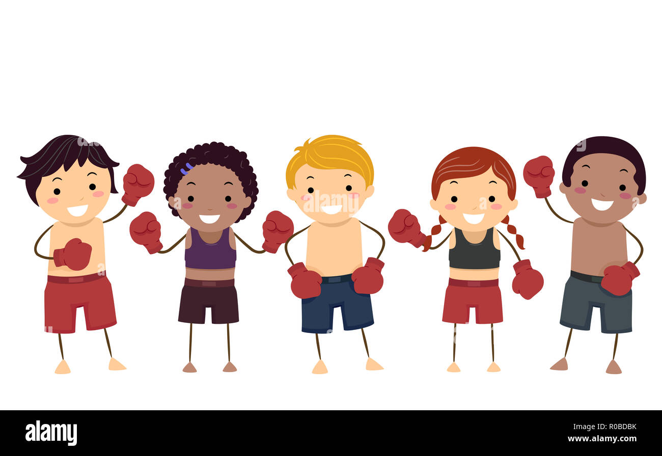 Illustration of Stickman Kids Wearing Uniform and Gloves Ready for Muay Thai Stock Photo