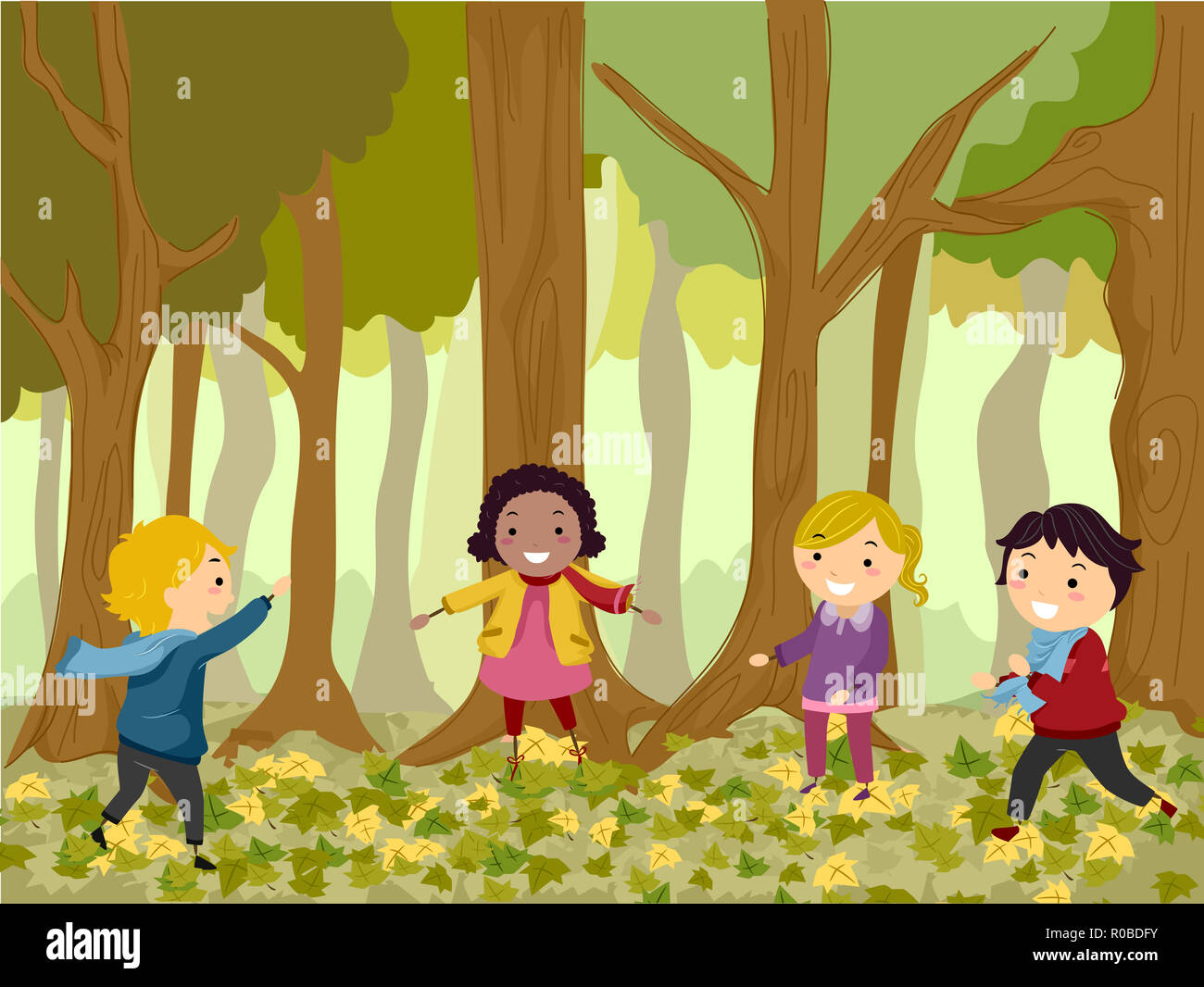 Illustration of Stickman Kids Playing in the Woods Stock Photo - Alamy