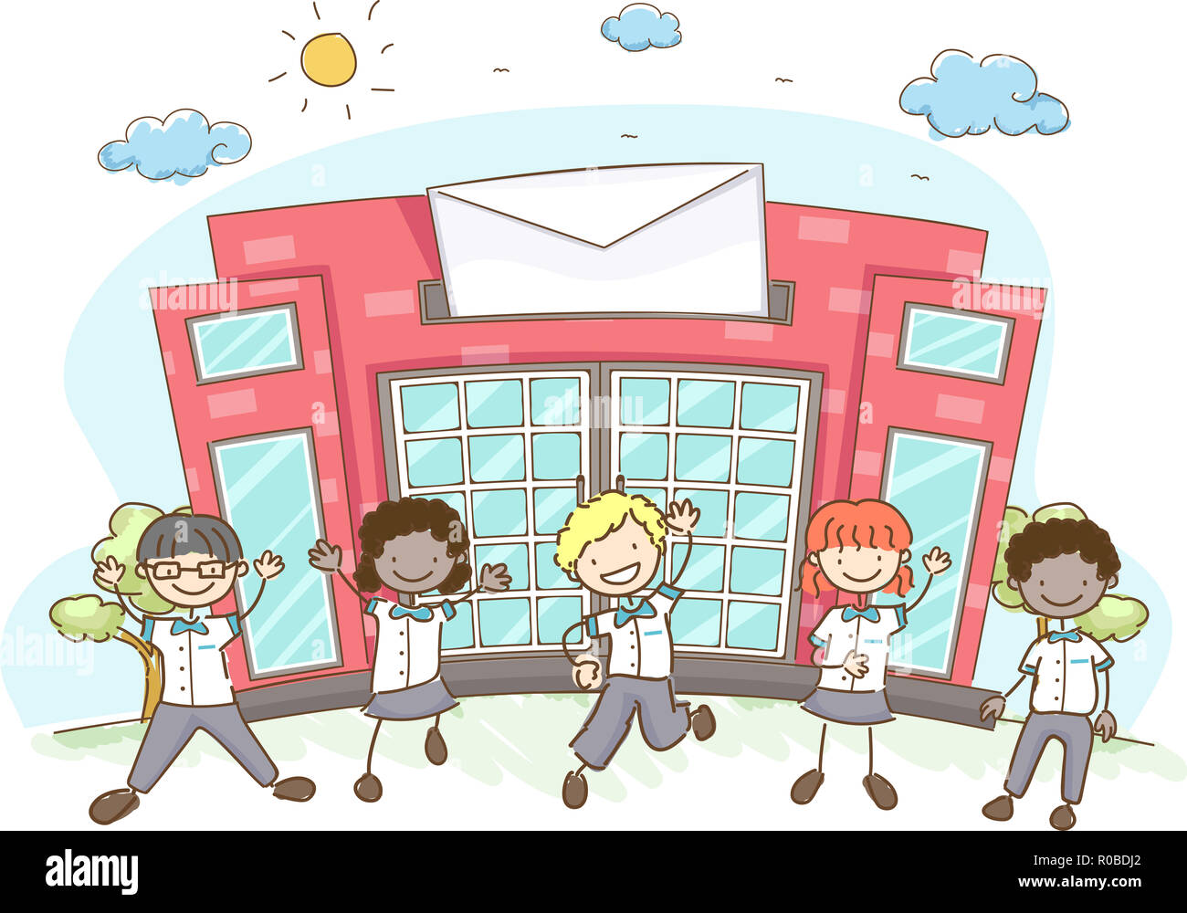 Illustration of Stickman Kids Postman In Front of Postal Office with an Envelope Stock Photo - Alamy Illustration of Stickman Kids Postman In Front of Postal Office with an Envelope Stock Photo - Alamy