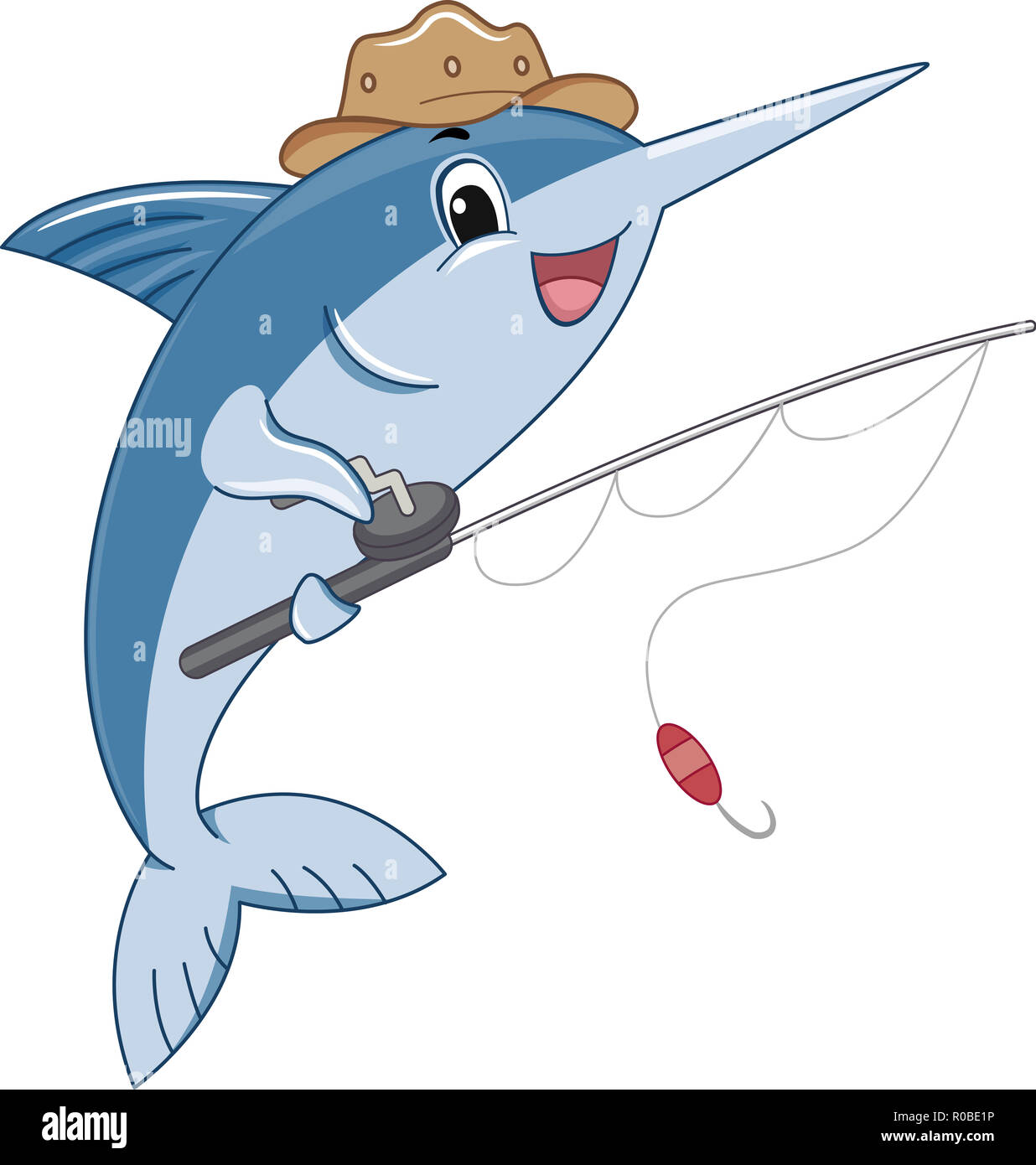 Illustration of a Blue Marlin Mascot Wearing a Hat and Holding a Fishing Rod  Stock Photo - Alamy