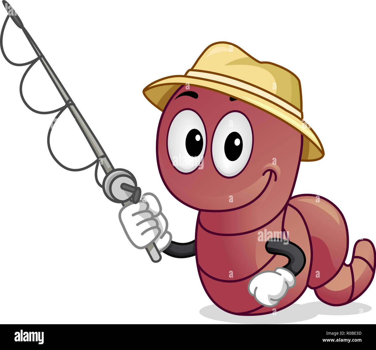 Illustration of a Worm Mascot Wearing a Hat and Holding a Fishing