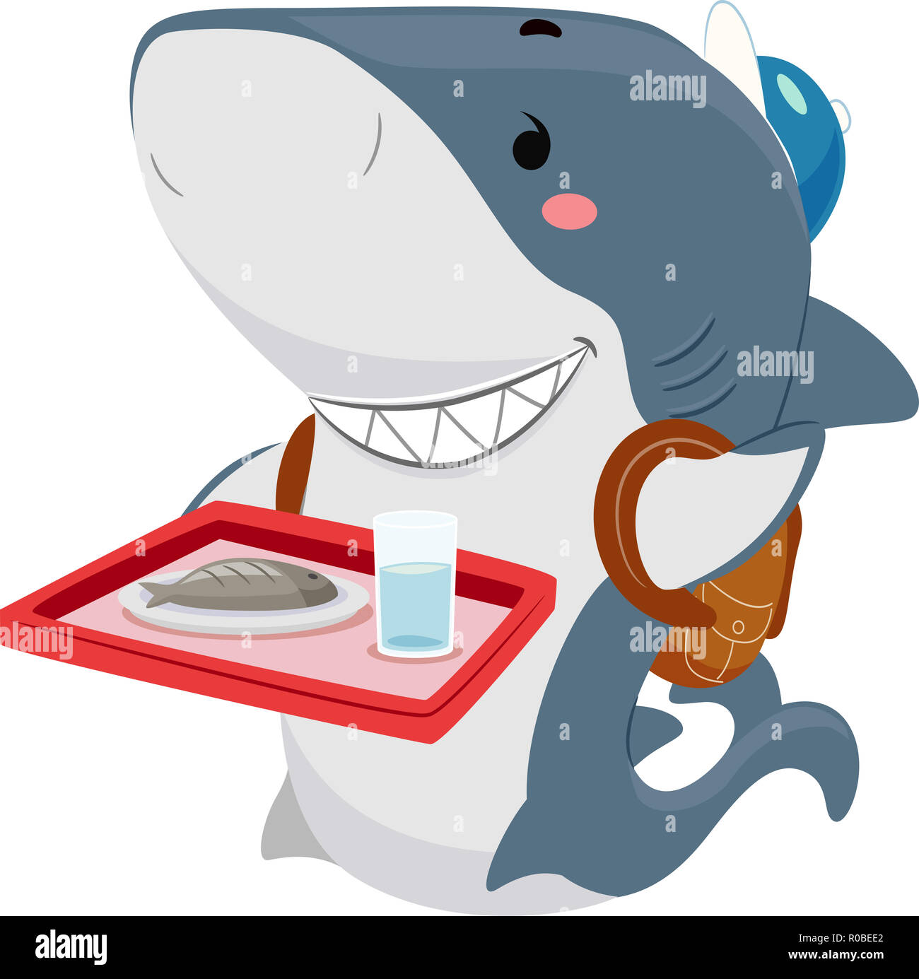 Illustration of a Shark Student Mascot Wearing a Backpack and Carrying a  Lunch Tray of Fish and Water Stock Photo - Alamy
