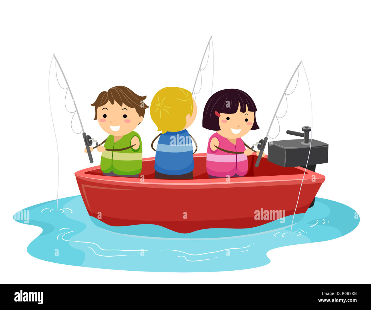 Illustration of Stickman Kids Fishing on a Motor Boat Out in the