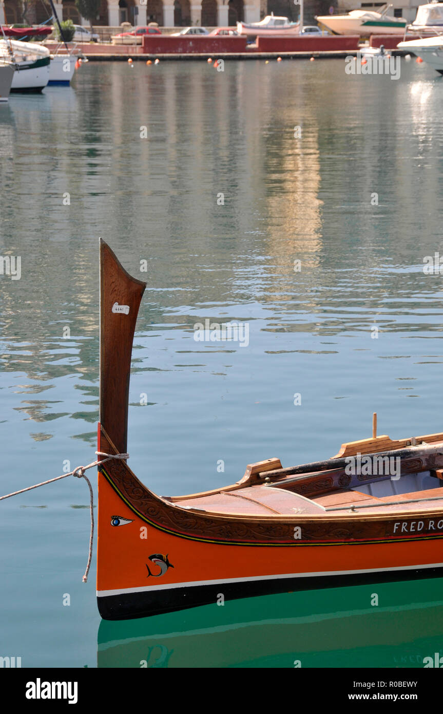 Around Malta - Vedette Traditional Maltese boat, tied up in Vittoriosa marina. Stock Photo