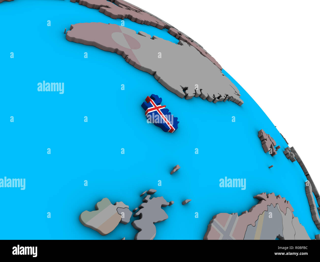 Iceland with embedded national flag on simple blue political 3D globe ...