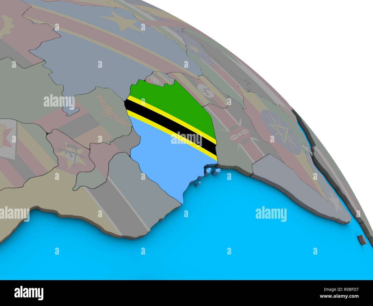 Tanzania with embedded national flag on simple blue political 3D globe ...