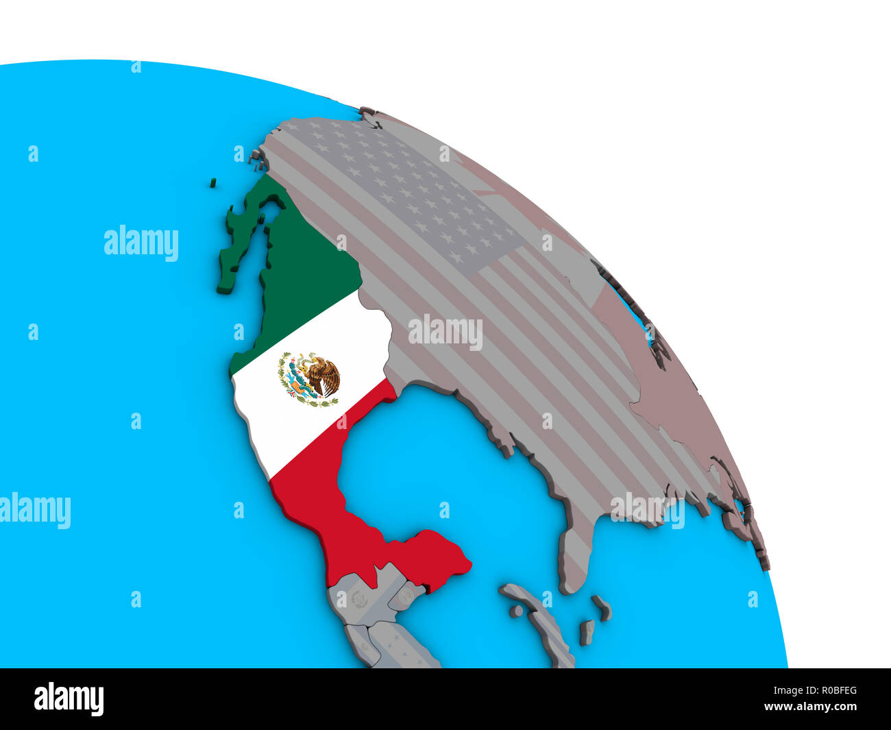 Mexico with embedded national flag on simple blue political 3D globe ...