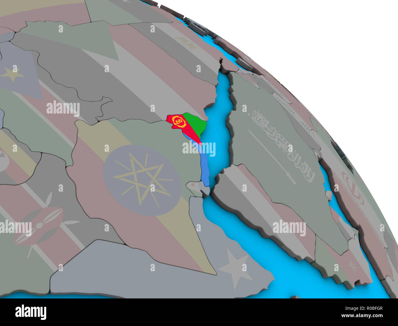 Eritrea with embedded national flag on simple blue political 3D globe ...