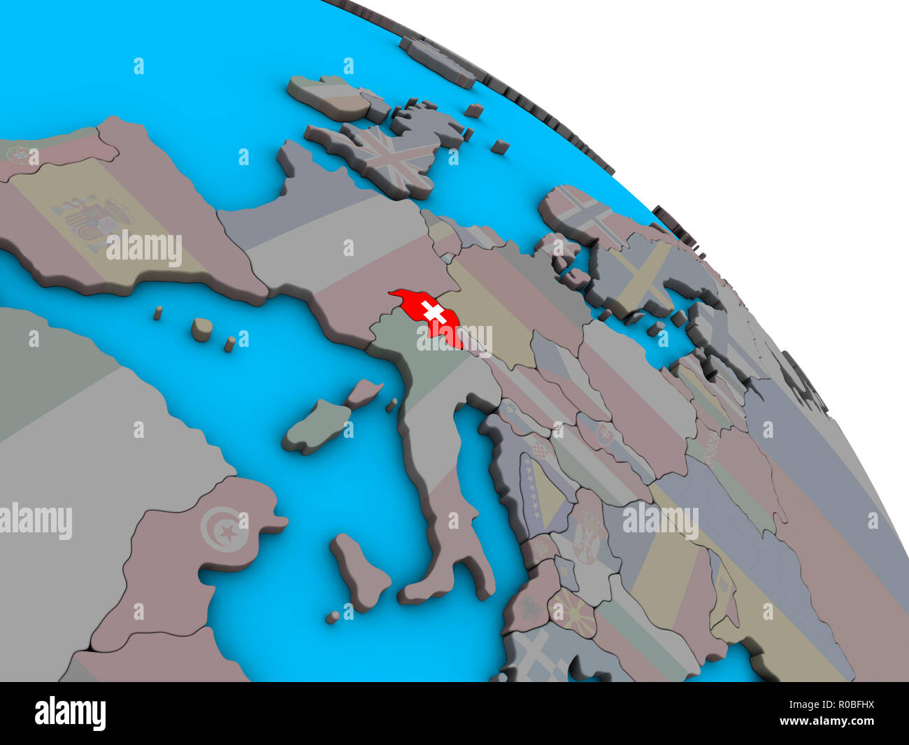 Switzerland with embedded national flag on simple blue political 3D ...