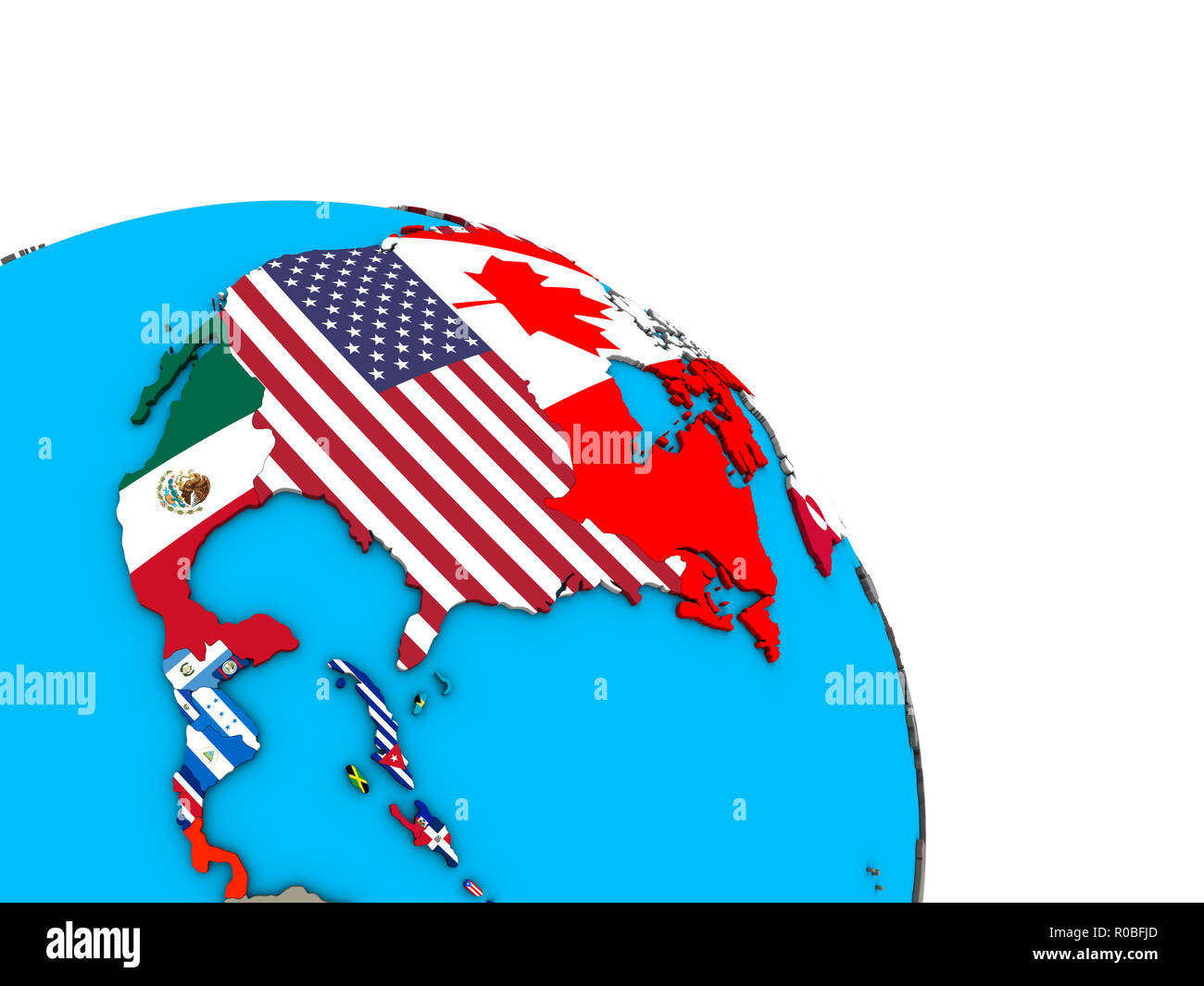 North America with embedded national flags on simple blue political 3D ...