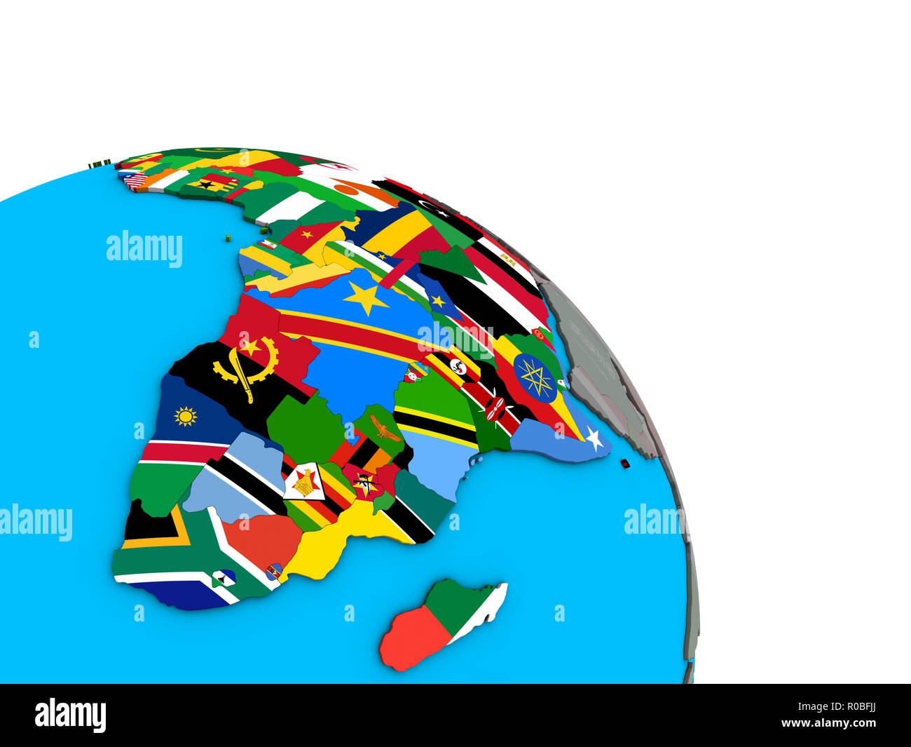 Africa with embedded national flags on simple blue political 3D globe ...