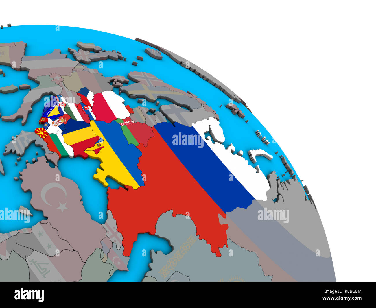 Eastern Europe with embedded national flags on simple blue political 3D