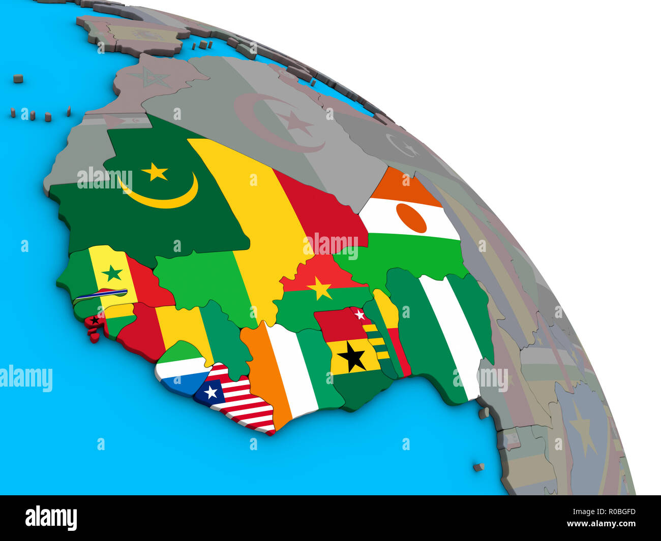 Western Africa with embedded national flags on simple blue political 3D ...