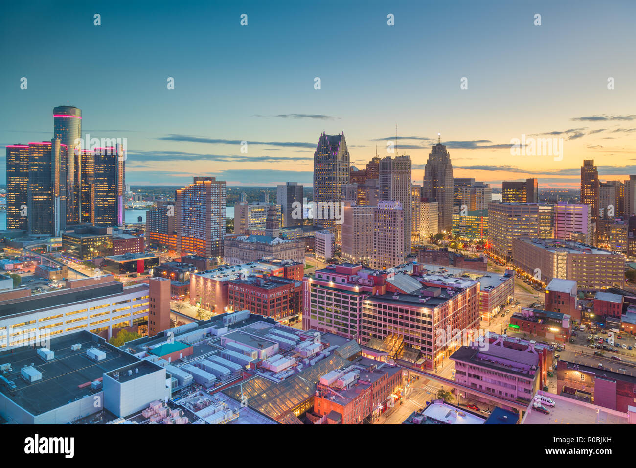 Detroit, Michigan, USA downtown skyline from above at dusk. Stock Photo