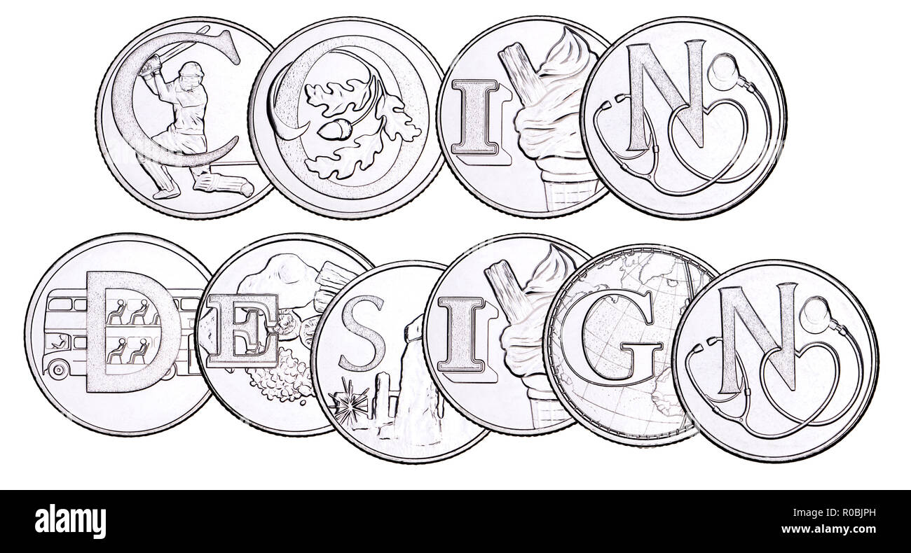 British 10p coin (reverse) from 2018 'Alphabet' series, celebrating Britishness. Spelling out 'Coin Design' Stock Photo
