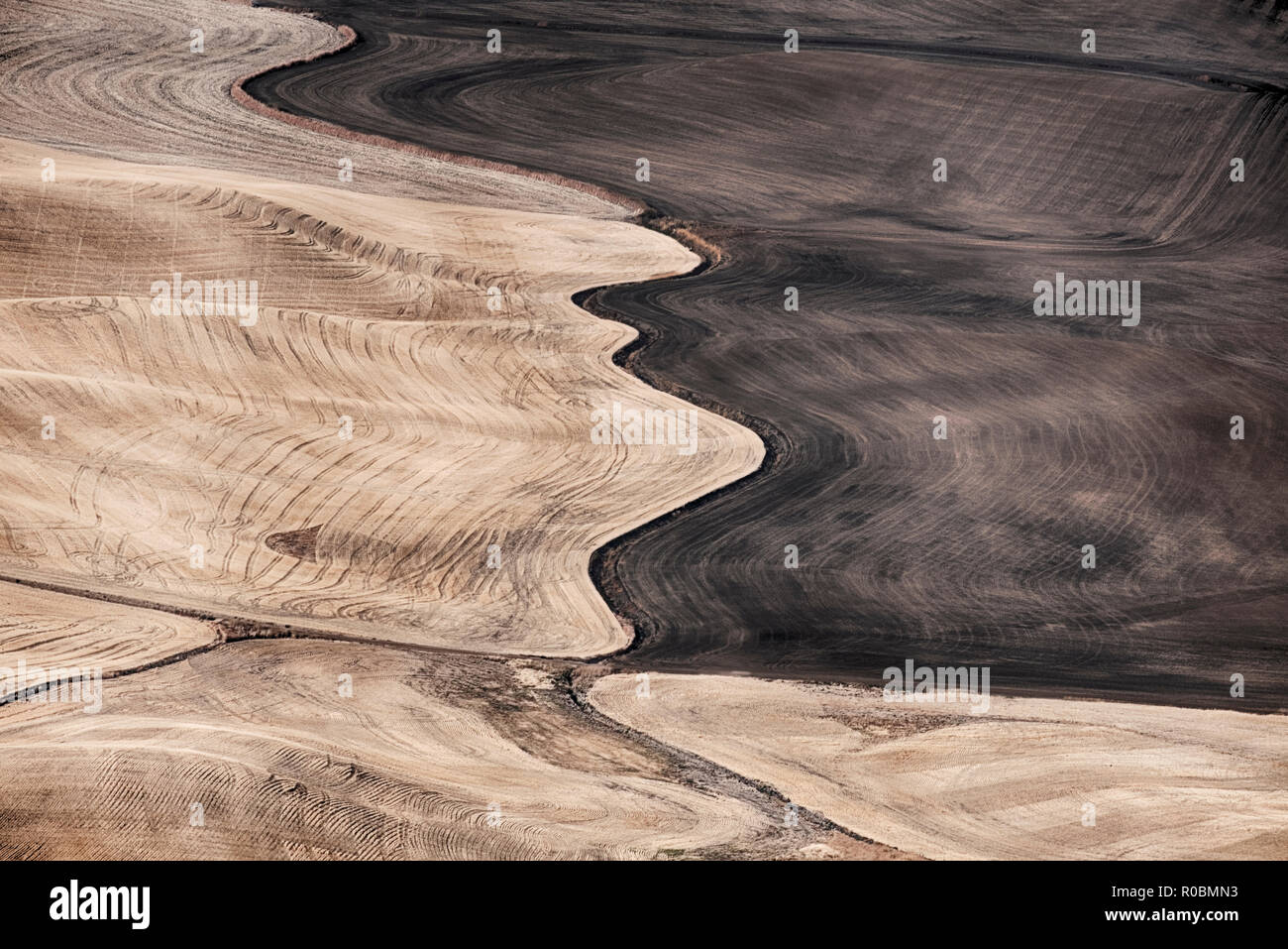 A nature abstract of the Palouse area of Eastern Washington that shows the natural contours of the hills as the fields are planted with winter wheat. Stock Photo
