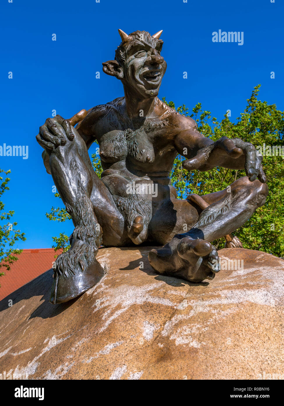 Devil on a stone at Hexentanzplatz, the so called witches' dancing place near Thale, Eastern Harz, Saxony-Anhalt, Germany, Europe Stock Photo