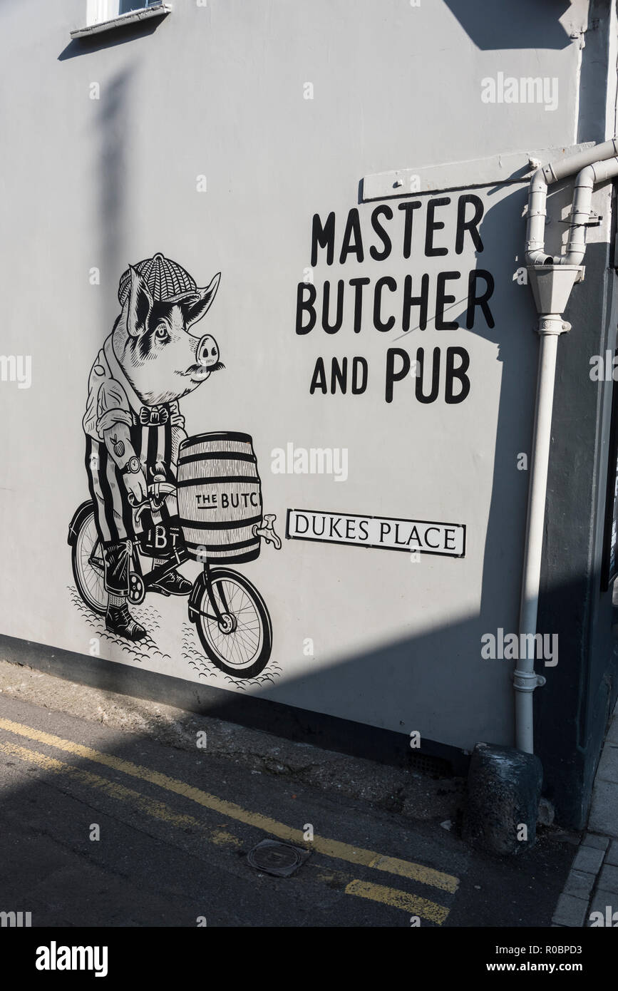 A cartoon on the wall of The Butcvher's Tap, The Butcher's Tap, Marlow, England, Buckinghamshire, Bucks, UK, GB, United Kingdom, Britain, Great Britai Stock Photo