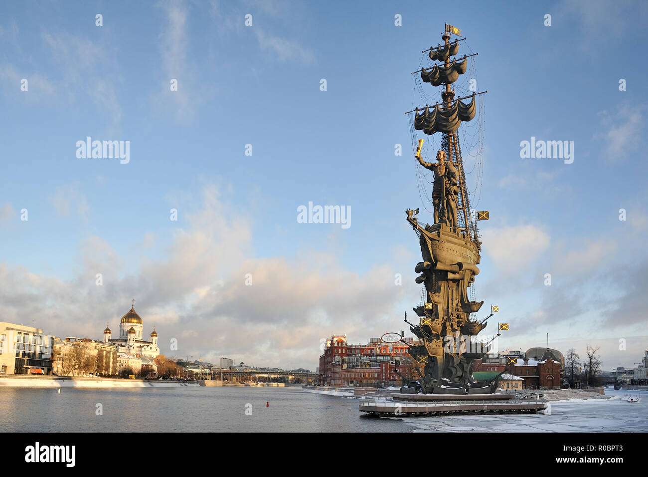 Moscow Winter Cityscape with Monument to Peter the Great Stock Photo