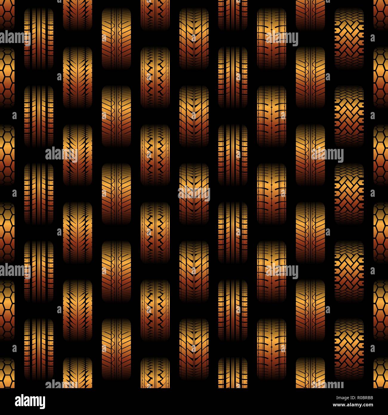 Orange seamless background with different tire track silhouettes Stock Vector