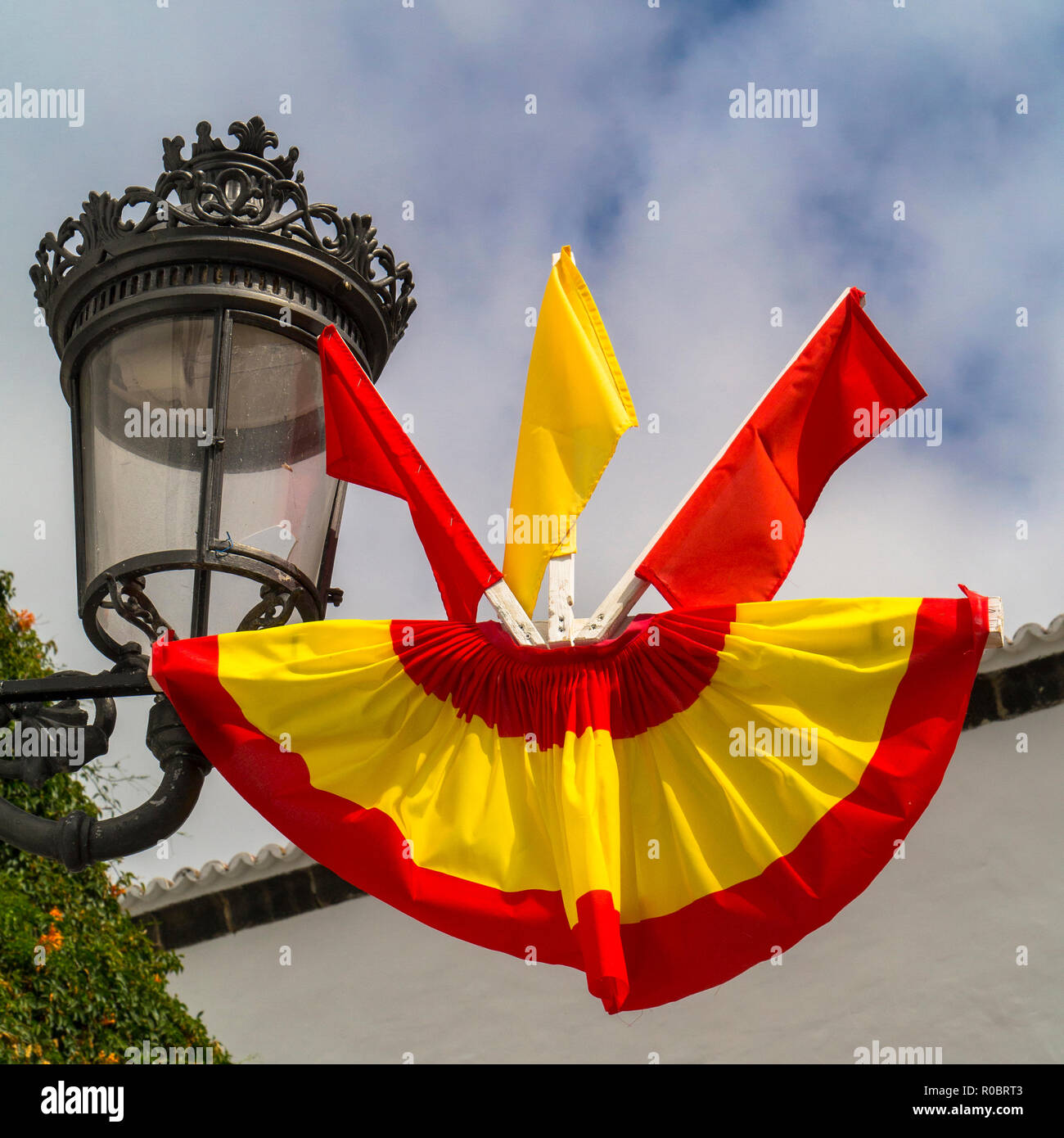 Spanish Flags Decorate A Street Light In Santa Cruz De La Palma