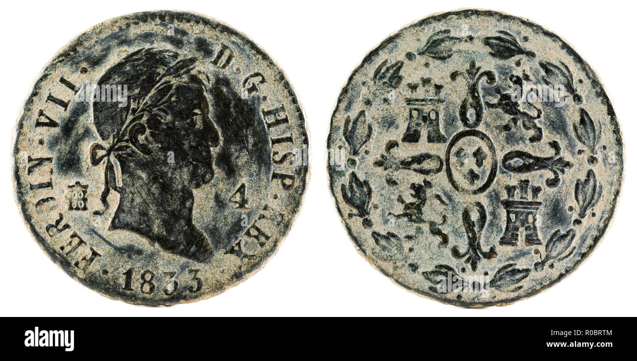 Ancient Spanish copper coin of the King Fernando VII. 1833. Coined in Segovia. 4 Maravedis. Stock Photo