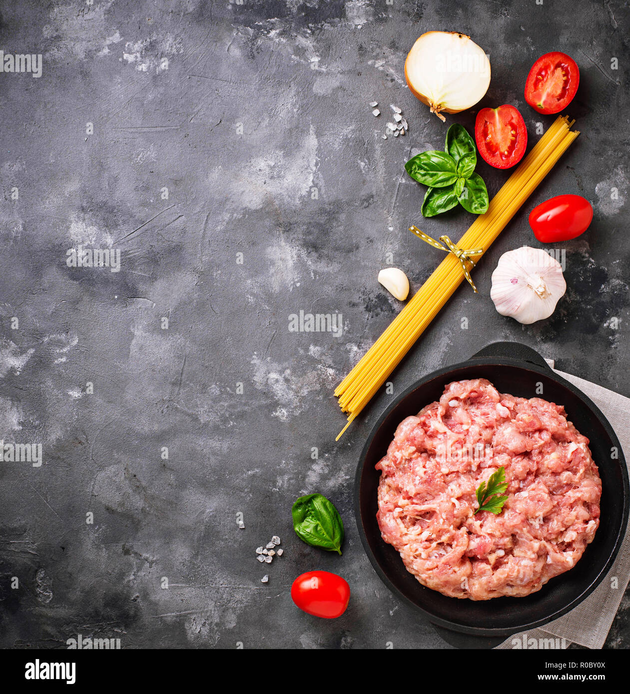 Ingredients for cooking pasta Bolognese Stock Photo