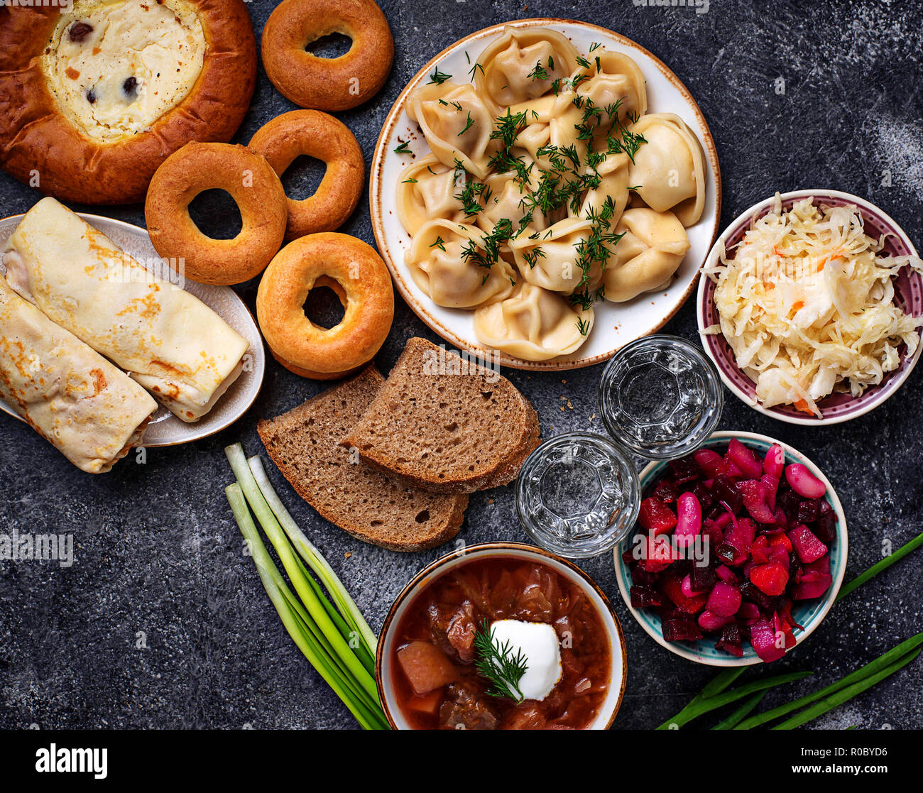 Traditional Russian dishes, sweets and vodka Stock Photo Alamy
