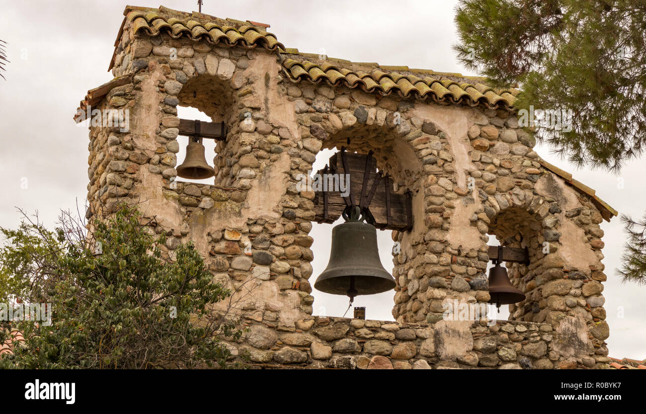 Mission San Miguel Arcángel bell tower, San Miguel, California, USA. One of the series of 21 Spanish religious outposts in Alta California. Stock Photo