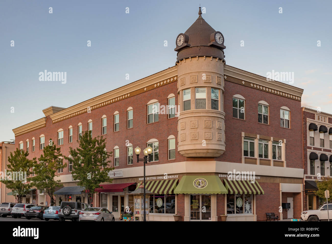 Paso Robles, California, USA - October 11, 2018: The iconic Acorn Building with a clocktown at the corner of 12th and Park Street in Downtown Paso Rob Stock Photo