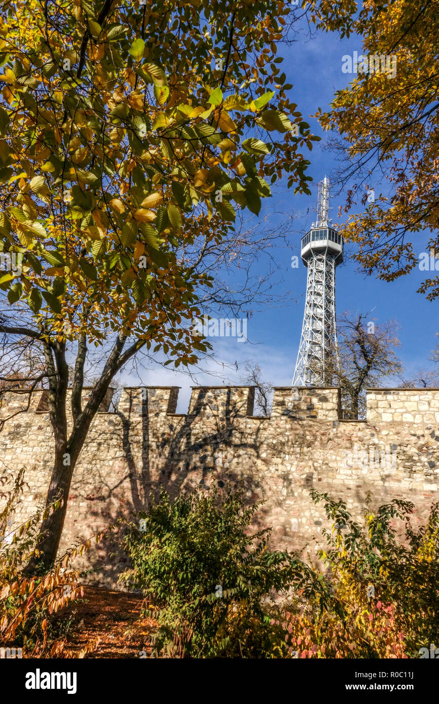 Prague Petrin Hill Lookout Tower behind Hunger Wall Prague autumn Stock Photo