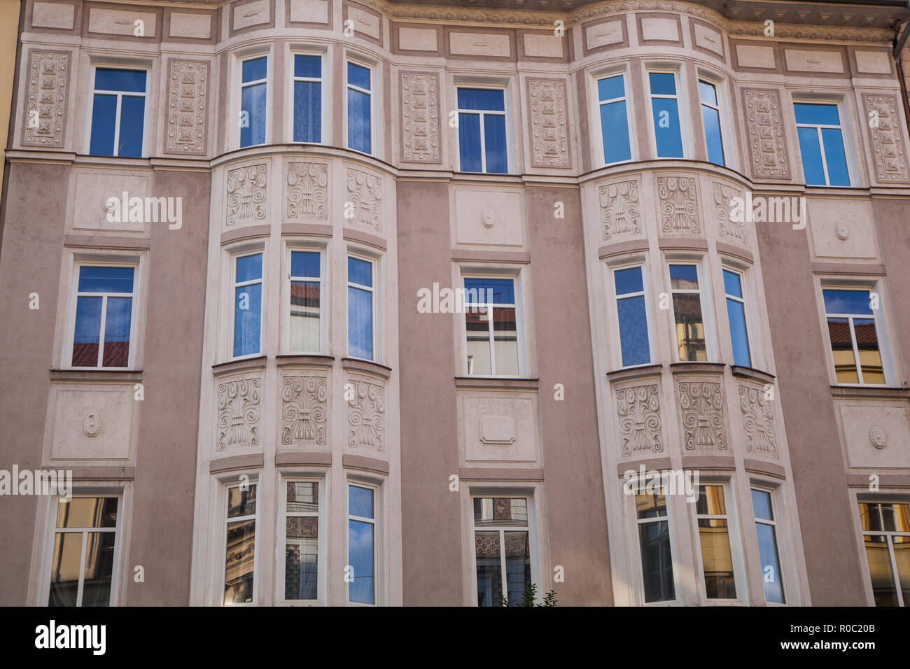 Prague, Czech Republic - July 13 2018: A view to a beautiful facade of a bourgeois house in Prague Stock Photo