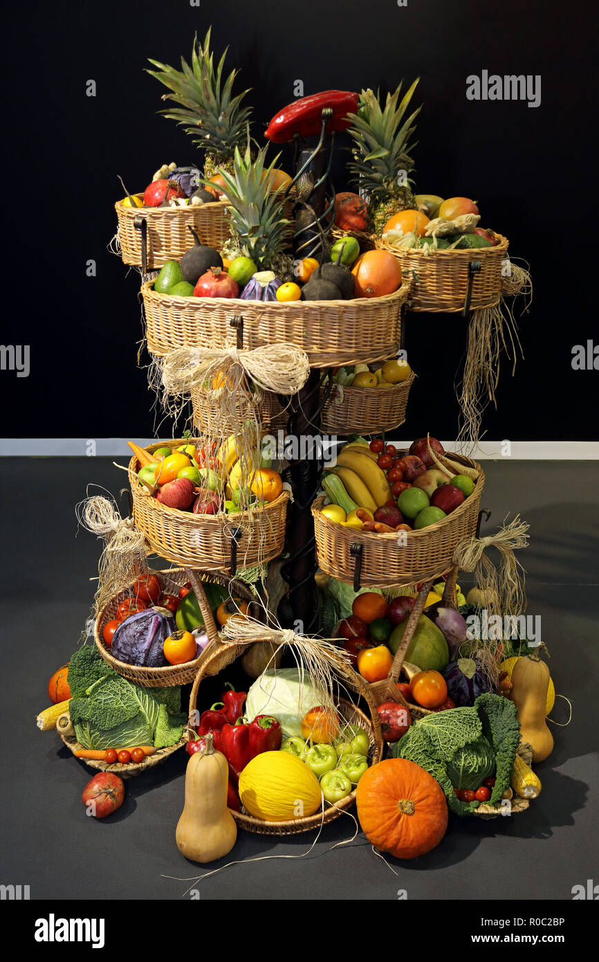 Fresh Fruits and Vegetables in Decorative Baskets Tower Stock Photo Alamy