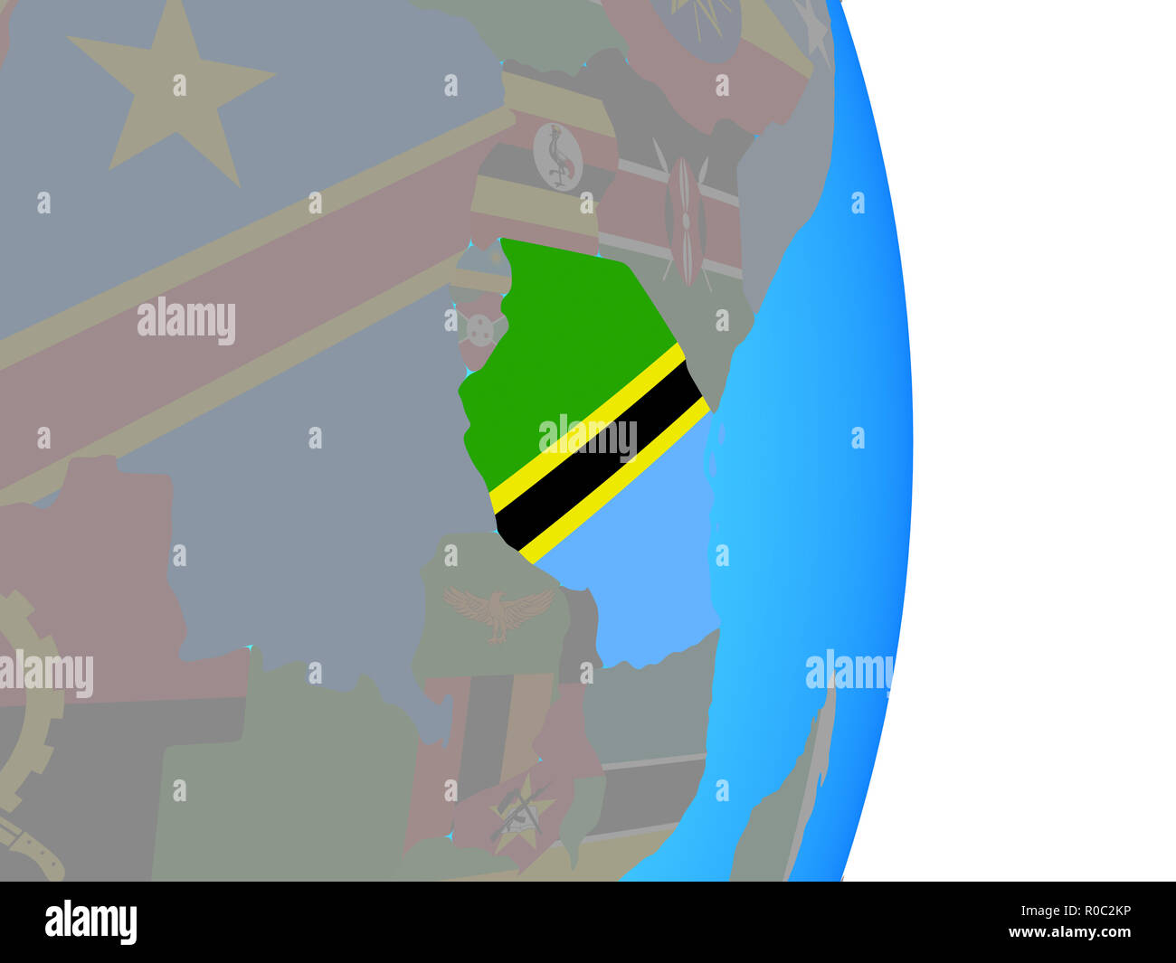 Tanzania with national flag on simple political globe. 3D illustration ...