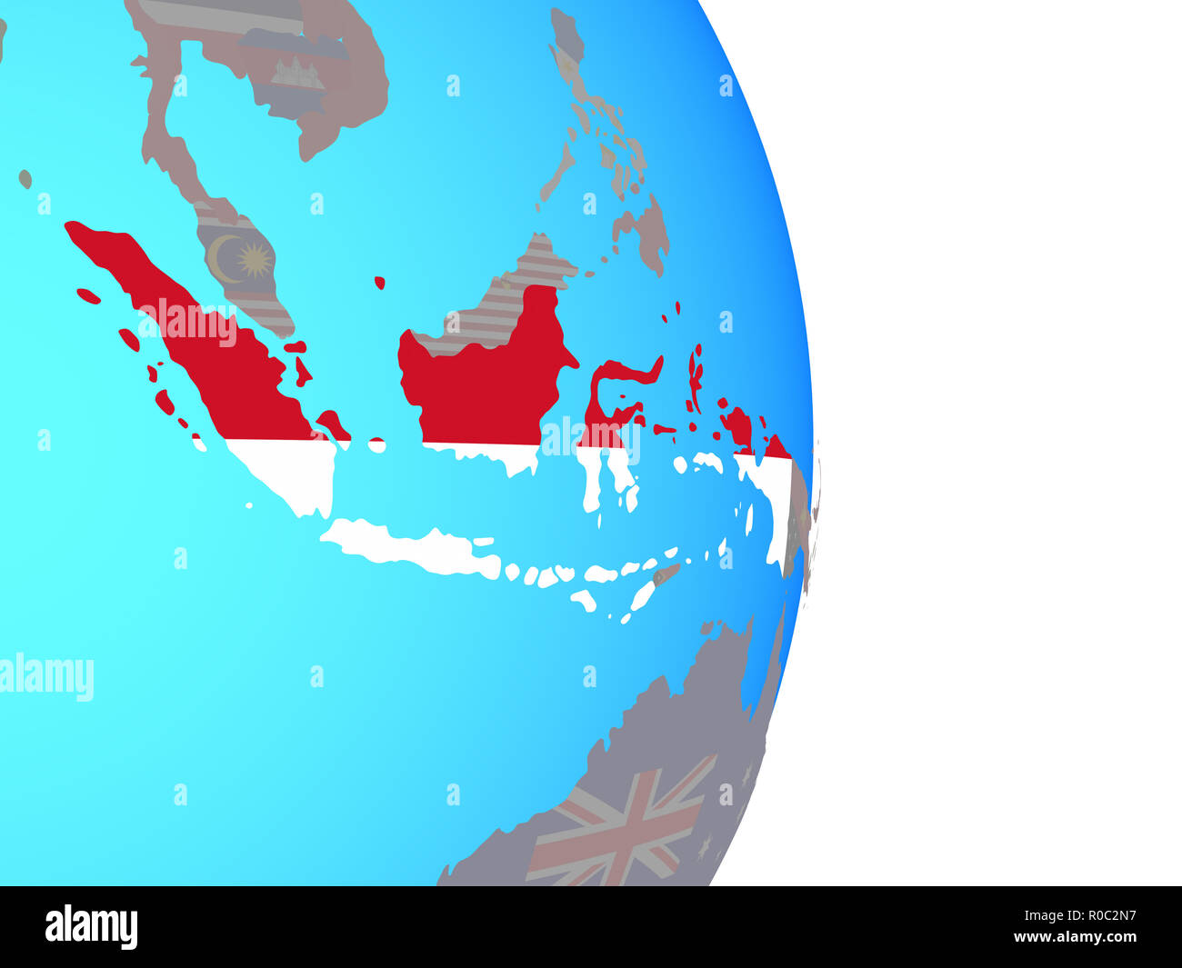 Indonesia with national flag on simple political globe. 3D illustration. Stock Photo