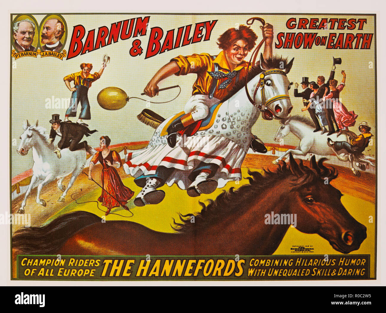 Barnum & Bailey, Greatest Show on Earth, Champion Riders of all Europe, The Hannefords, Combining Hilarious Humor with Unequalized Skill & Daring, Circus Poster, Lithograph, 1916 Stock Photo