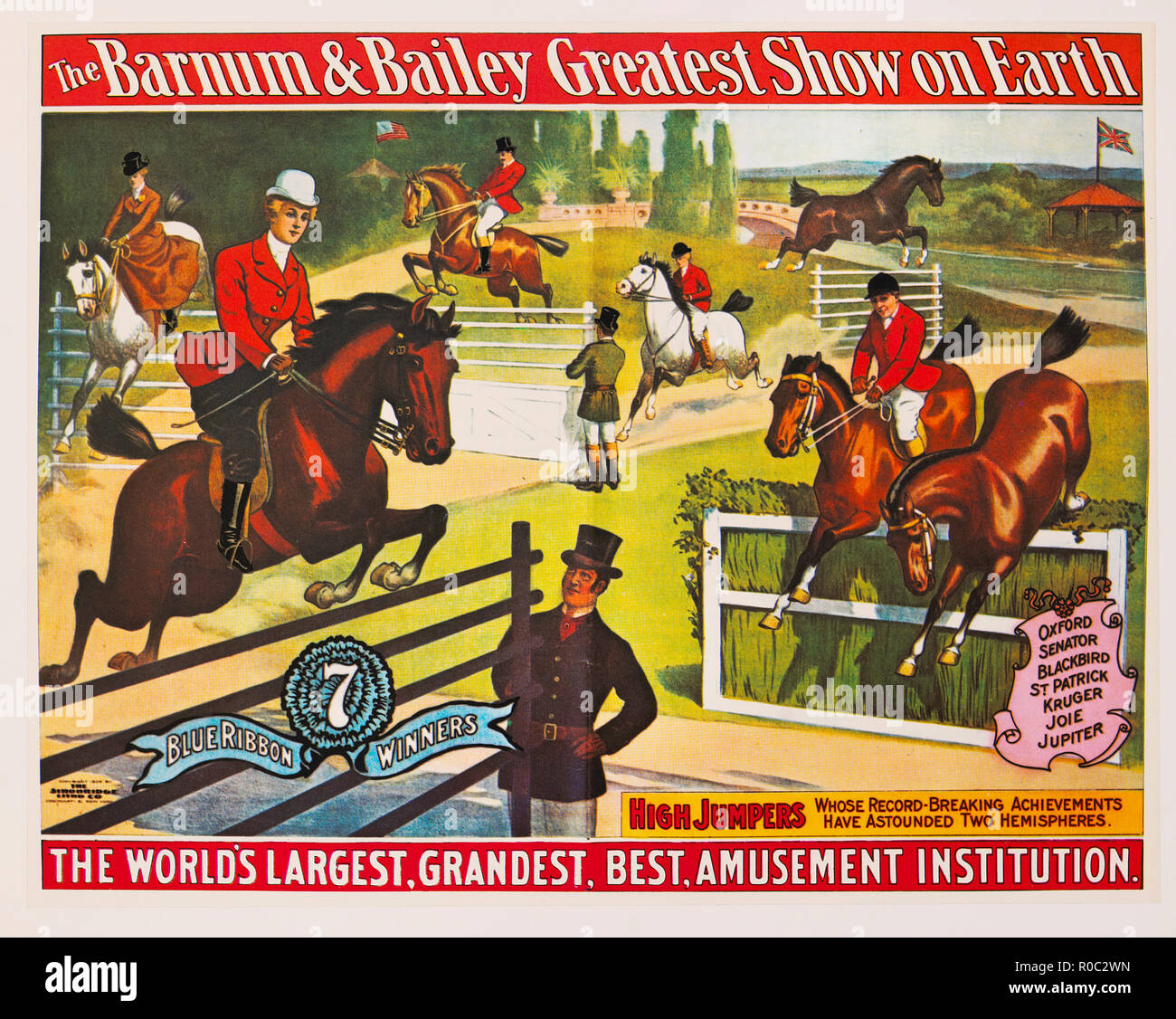The Barnum & Bailey Greatest Show on Earth, 7 Blue Ribbon Winners, High Jumpers Whose Record-Breaking Achievements Have Astounded Two Hemispheres, Circus Poster, Lithograph, 1904 Stock Photo