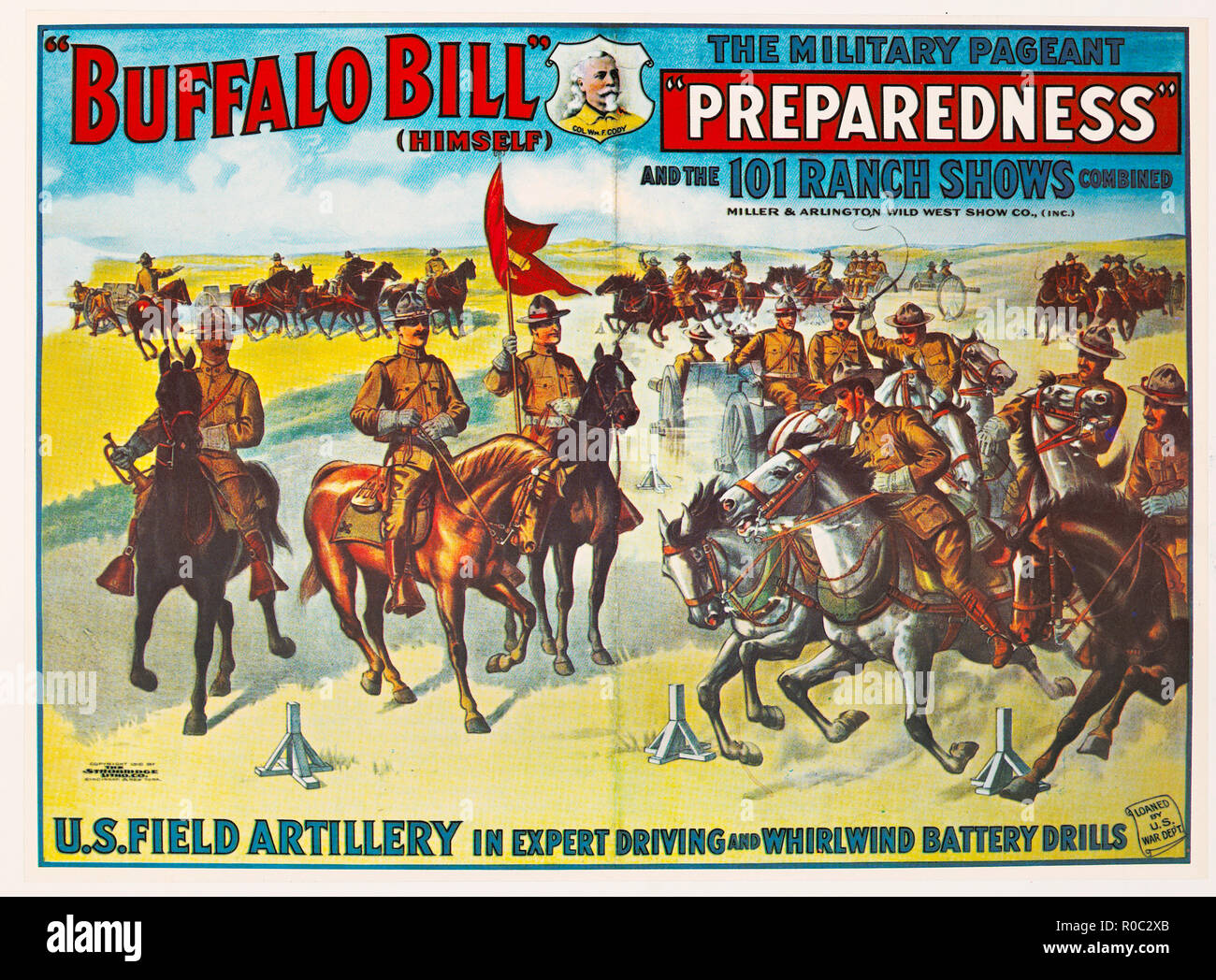 Buffalo Bill (himself), The Military Pageant 'Preparedness' and the 101 Ranch Shows Combined, Miller & Arlington Wild West Show Co., Poster, Lithograph, 1916 Stock Photo