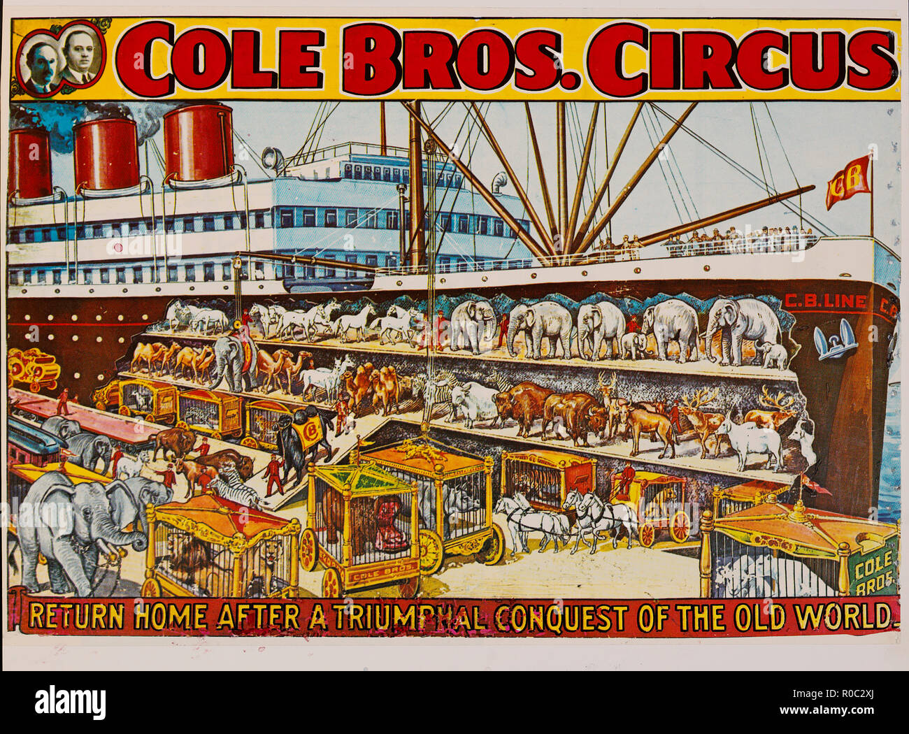 Cole Bros. Circus, Return Home after a Triumphant Conquest of the Old World, Circus Poster, Lithograph, 1930's Stock Photo