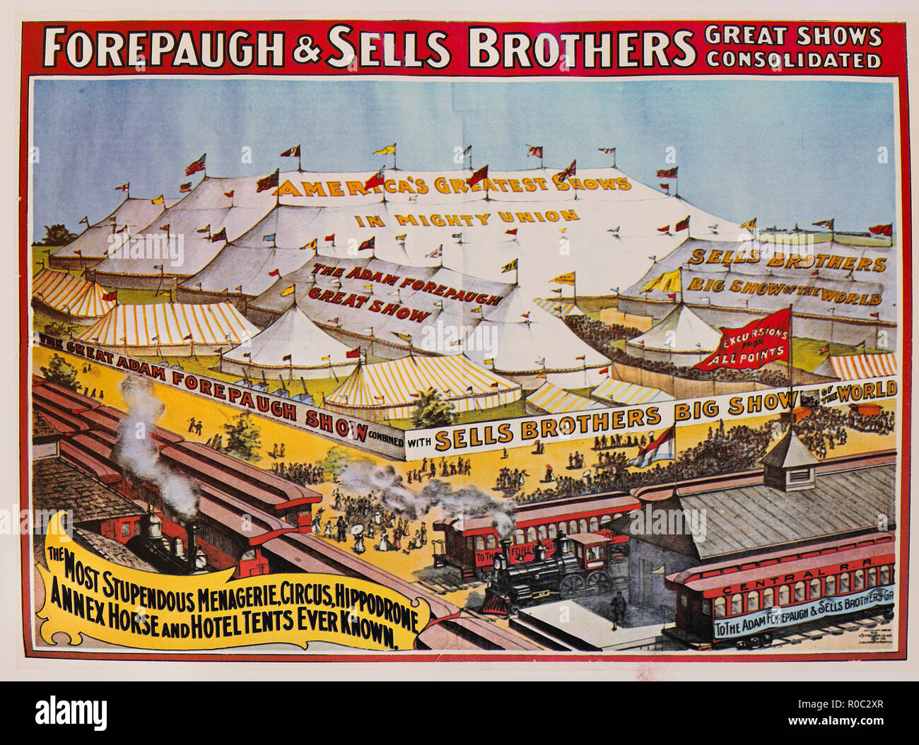 Forepaugh & Sells Brothers Great Shows Consolidated, the Most Stupendous Menagerie, Circus, Hippodrome, Annex Horse and Hotel Tents Even Known, Circus Poster, Lithograph, 1901 Stock Photo
