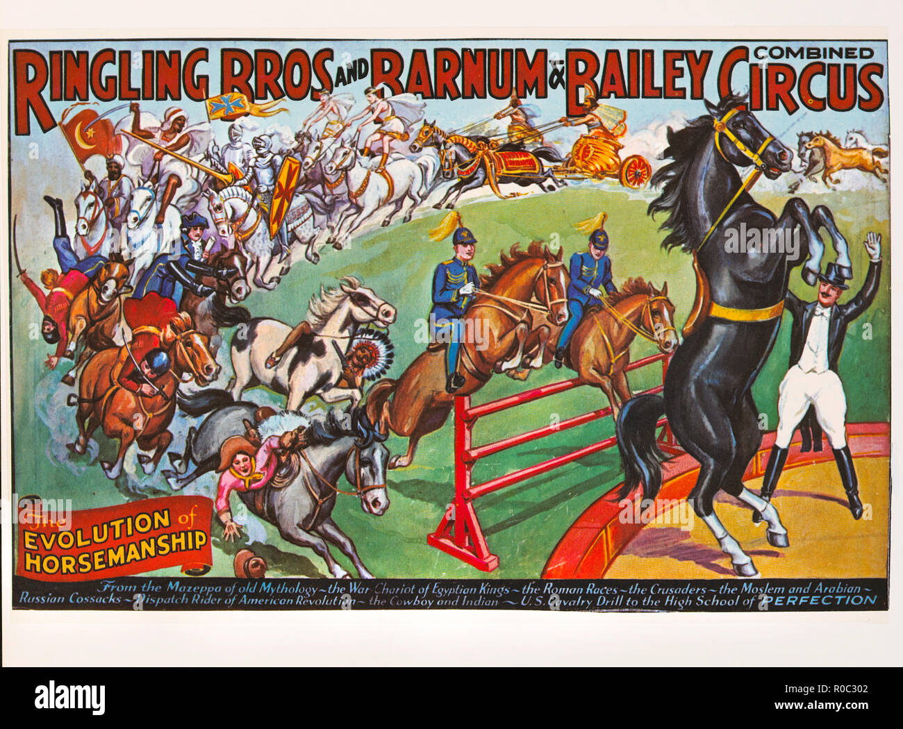 Ringling Bros and Barnum & Bailey Combined Circus, The Evolution of Horsemanship, Circus Poster, Lithograph, 1930's Stock Photo
