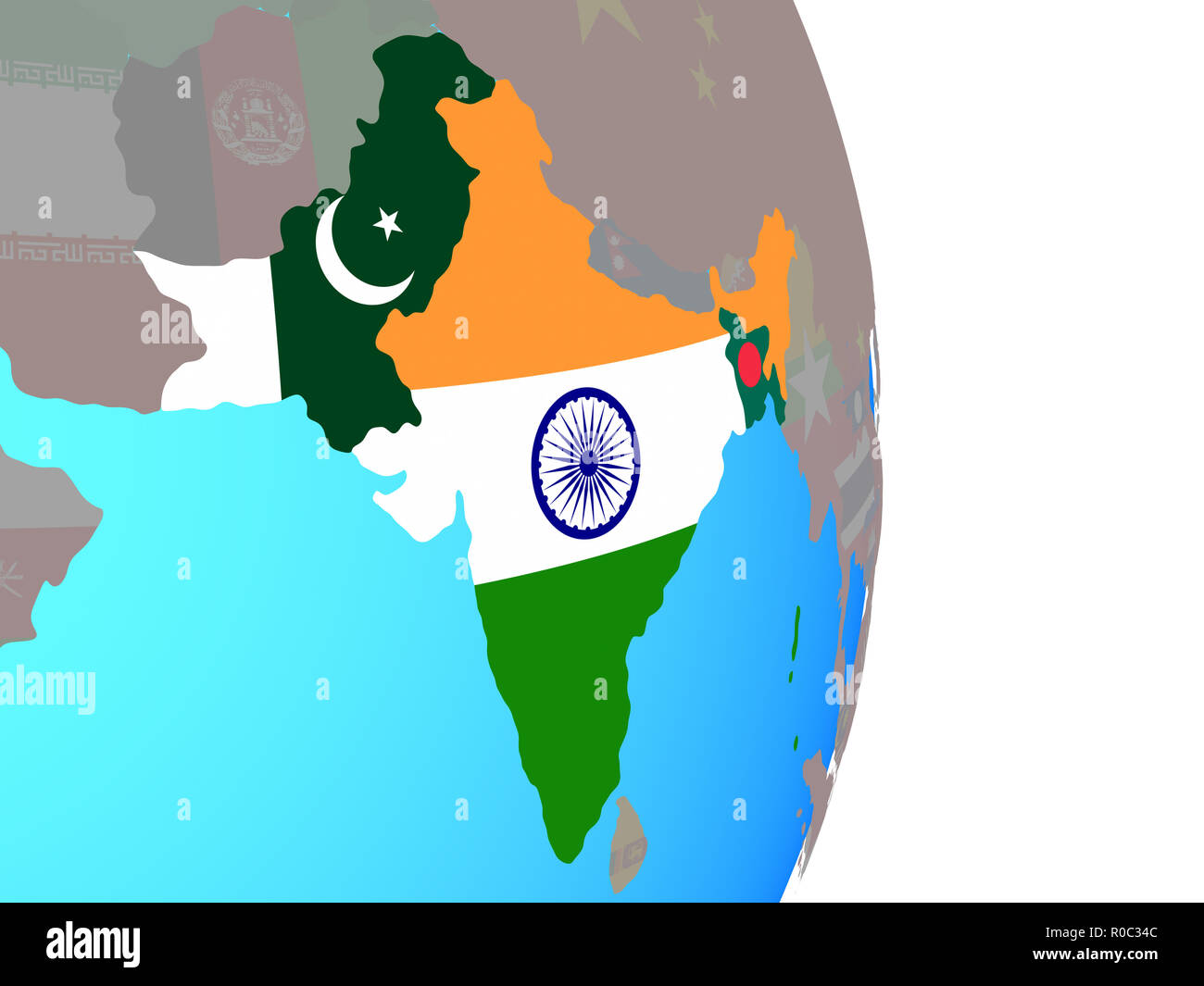 British India with national flags on simple political globe. 3D ...