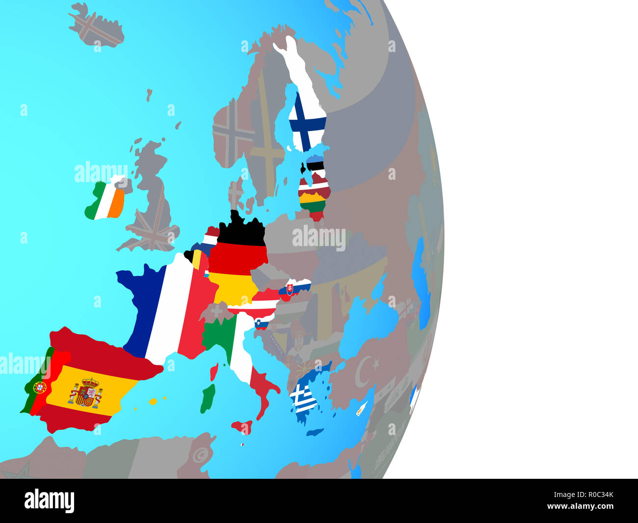 Eurozone member states with national flags on simple political globe ...